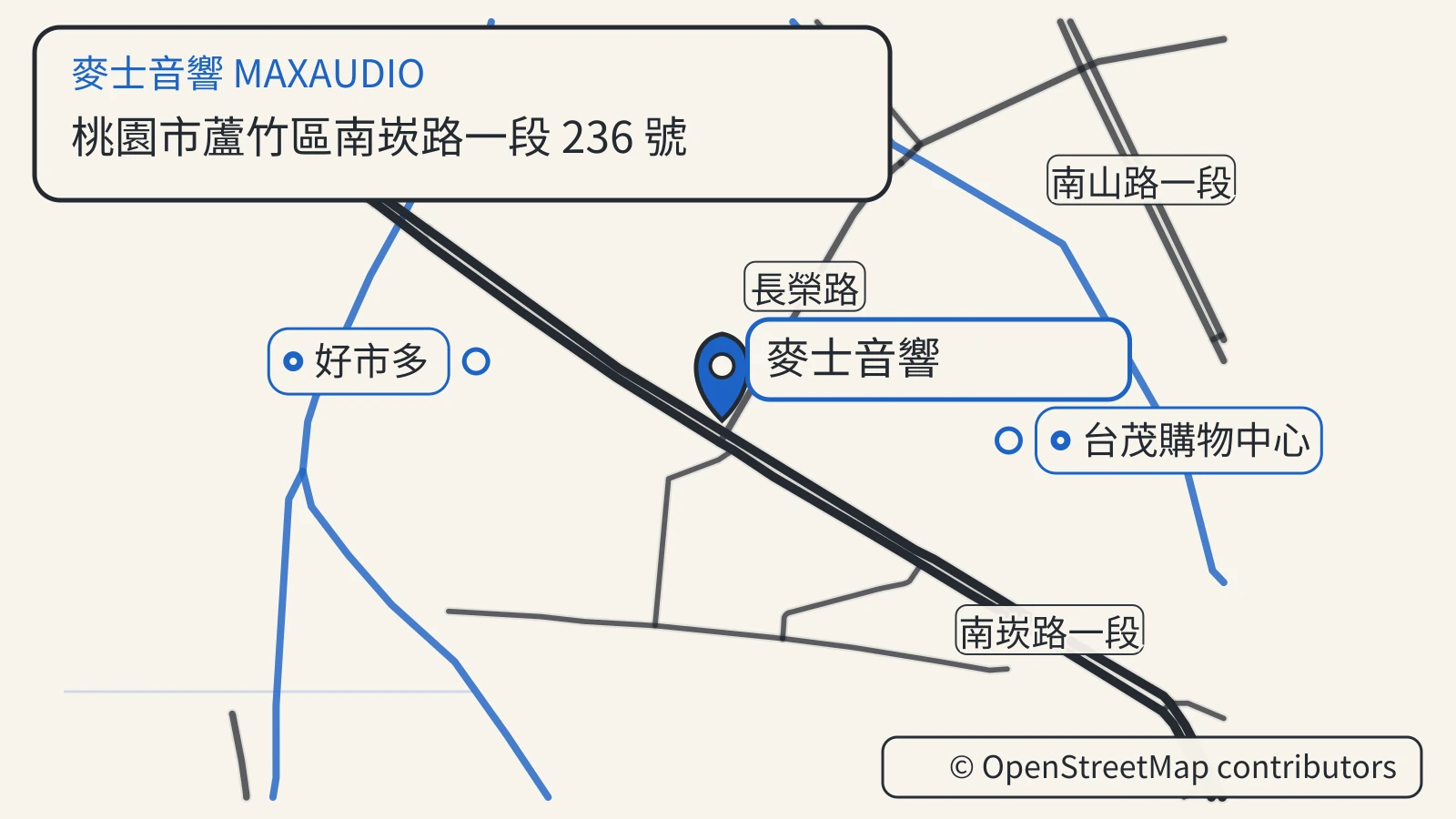 麥士音響門市位置地圖，標示鄰近的台茂購物中心與好市多