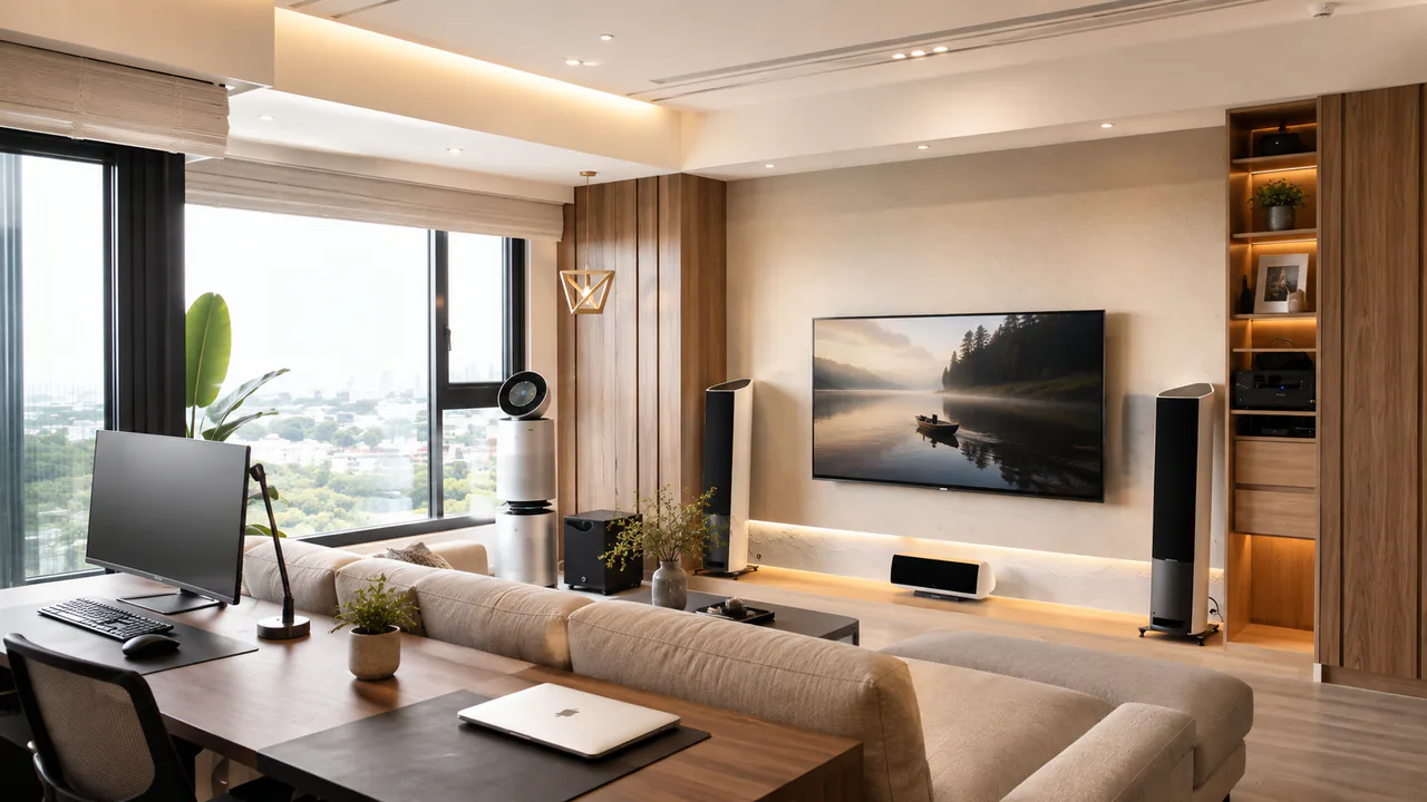書桌與客廳共構空間的落地音響