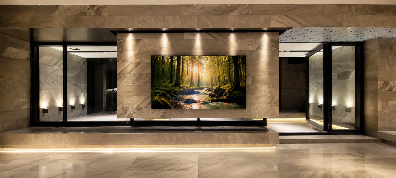 鏡面石材展示牆與落地音響