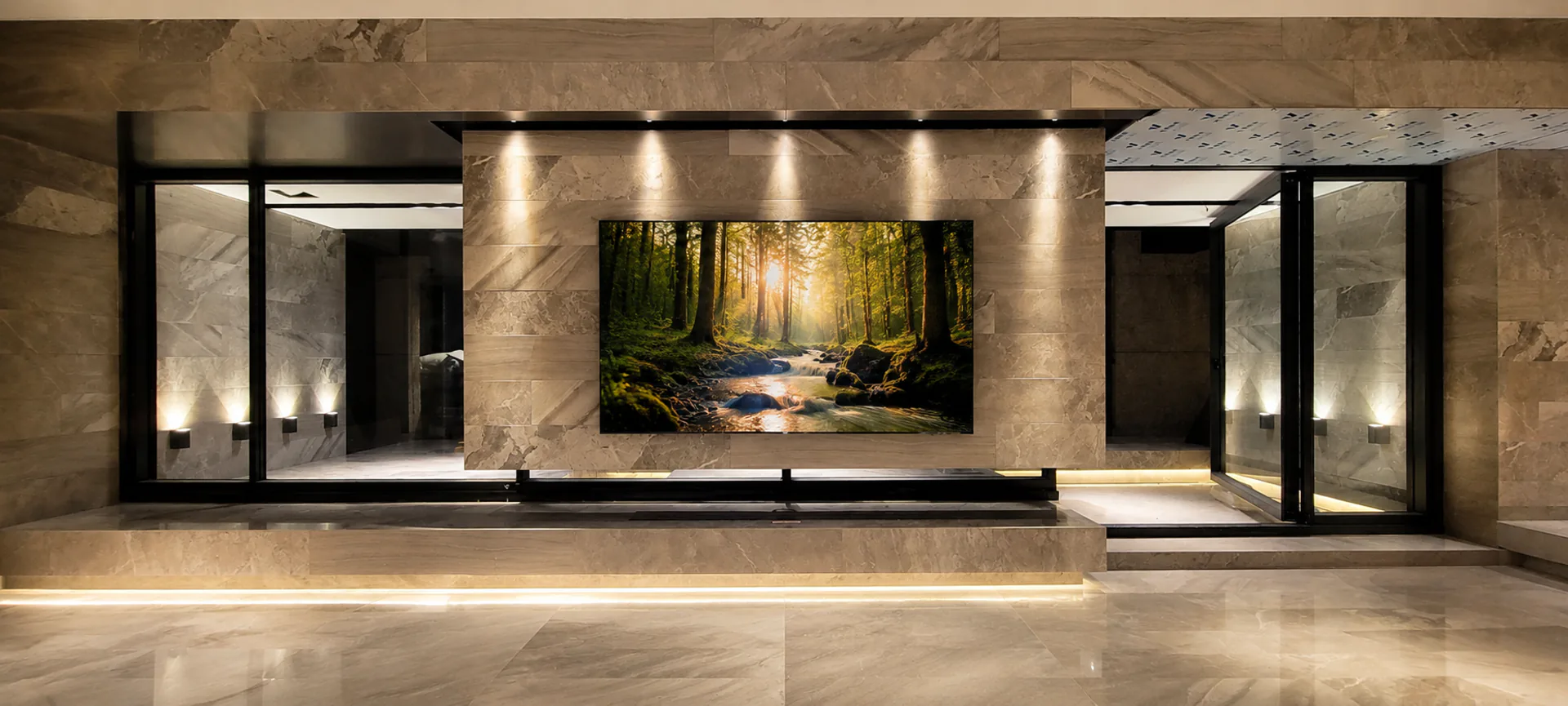 鏡面石材展示牆與落地音響